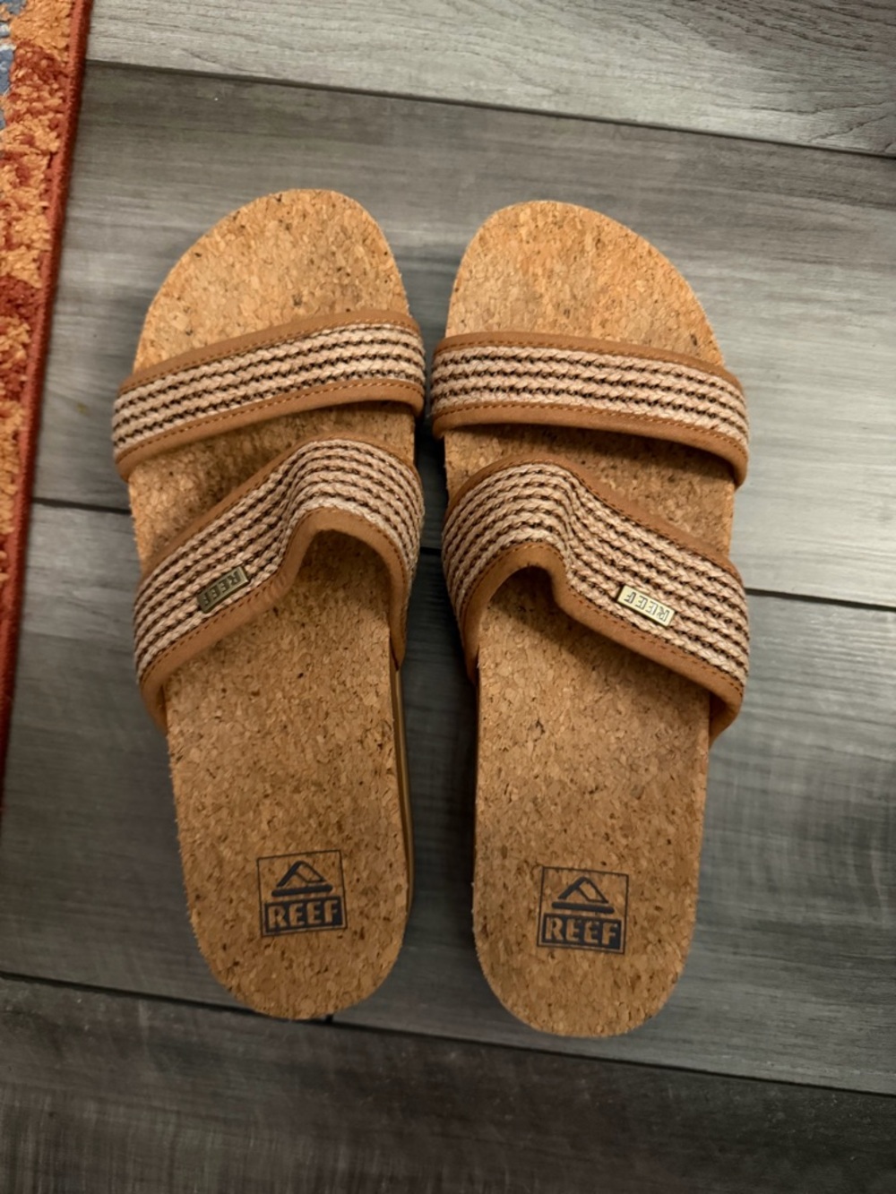 Reef Cork Dual-Striped Slide Sandals in Tan